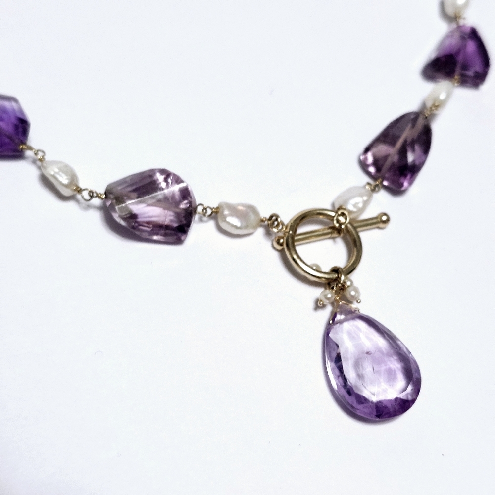 14K Gold Amethyst Pearl Drop Necklace Certificate